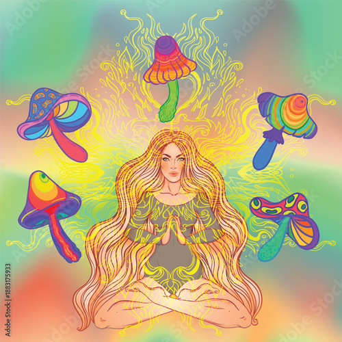 Vector illustration of a woman with mushrooms in a New Age psychedelic style. Concept of psilocybin, consciousness expansion, yoga, spirituality, and hippie culture with symbolic, colorful details.