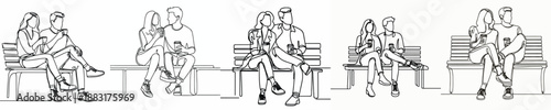 line art of a couple sitting drinking coffee on a park bench