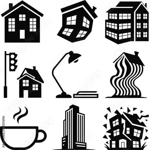 City and home icon set, urban building silhouettes, house distortion symbols, street objects vector collection, isolated black design