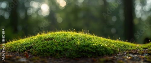Product display against a natural background featuring green moss and bokeh lights