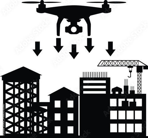 Construction site drone survey silhouette, aerial inspection for building project, crane and architecture 