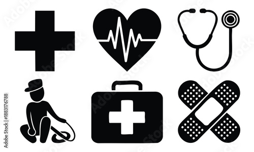 World Health Day silhouette, medical equipment, first aid, healthcare tools