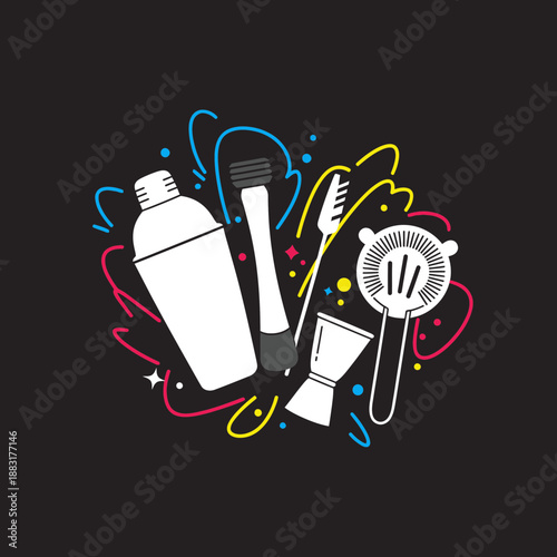 Vibrant Bartending Utensils Arranged In Artistic Style On Dark Background