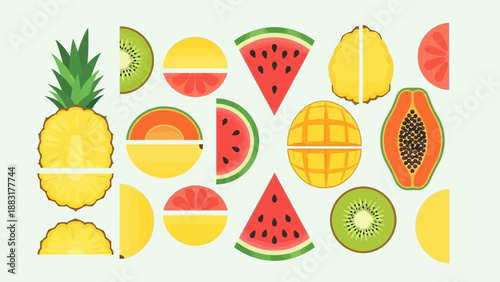 Vibrant And Playful Illustrations Of Various Delicious Tropical Fruits In Sectioned Style