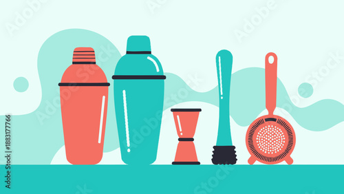 Vibrant Cocktail Preparation Tools in a Stylish Flat Design for Beverage Enthusiasts