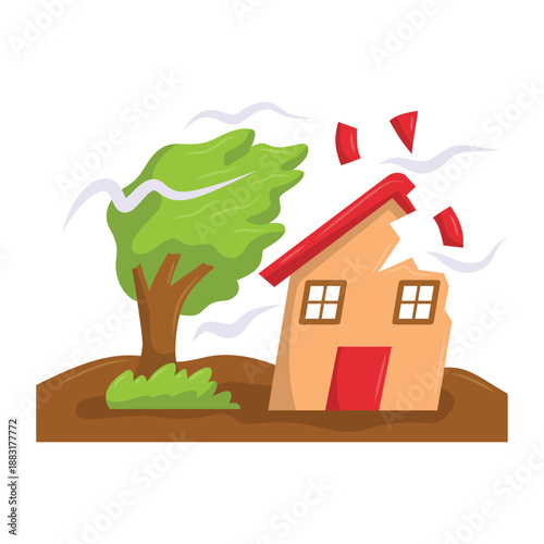 Strong wind storm damaging residential house vector illustration, wind disaster damage to house vector image, natural disaster clip art 