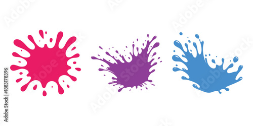 Collection of vibrant paint splashes abstract ink blots in pink purple and blue perfect for creative design elements and artistic backgrounds isolated on white background