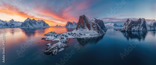 Winter aerial perspective of Reine at sunset in the Lofoten islands, Norway