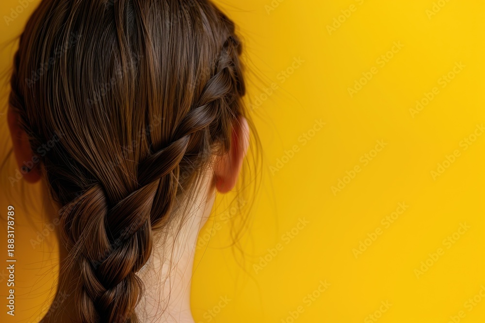 Naklejka premium Close up of brown braid hairstyle on a yellow background, showcasing hair care and beauty