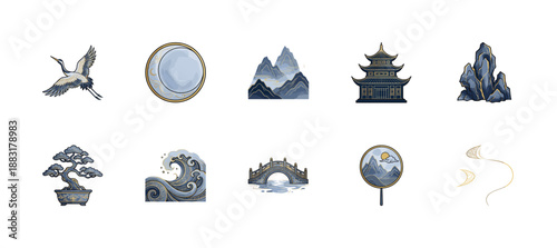 Traditional East Asian Gold-Lined Nature Illustration Graphic Set for Zen Wellness and Lunar New Year Projects