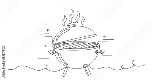 Outline of a charcoal grill with smoke and decorative elements, no editable stroke