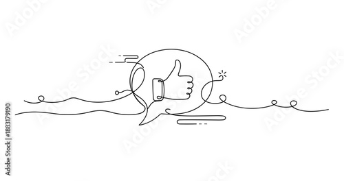 Minimalist continuous line art of thumbs up symbol inside speech bubble, no editable stroke
