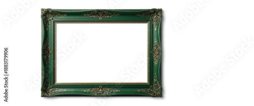 Vintage Green Antique Wooden Rectangle Canvas Frame Mockup with Ornate Design on White Background