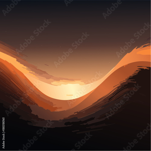 Lever ou coucher de soleil sur montagnes stylisées – illustration numérique atmosphérique