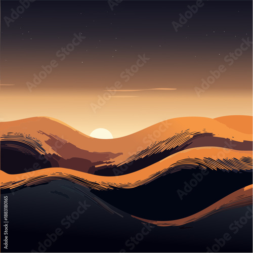 Lever ou coucher de soleil sur montagnes stylisées – illustration numérique atmosphérique