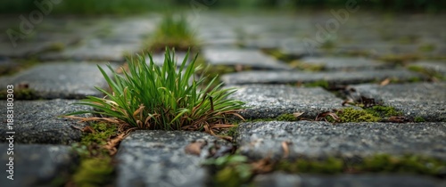 Bunch of green grass and moss in the seams of cobblestones on a garden path