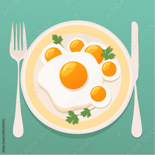 Assiette d’œufs au plat stylisée avec herbes et couverts sur fond vert