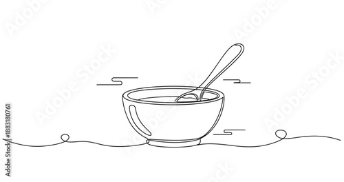 Minimalist line art of bowl and spoon with subtle decorative elements. No editable strokes