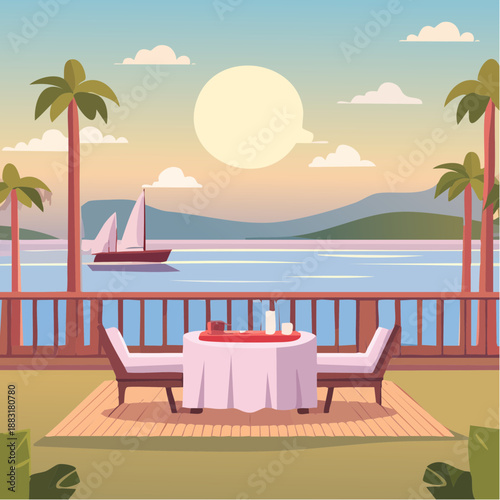 Dîner romantique en bord de mer au coucher du soleil