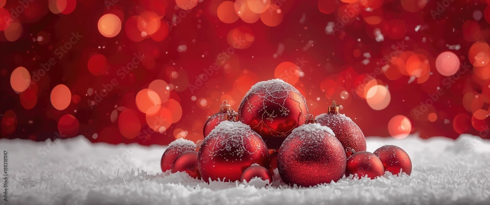 Fototapeta premium Festive red Christmas baubles covered in white winter snow with a background of red and orange party lights bokeh and space for copying