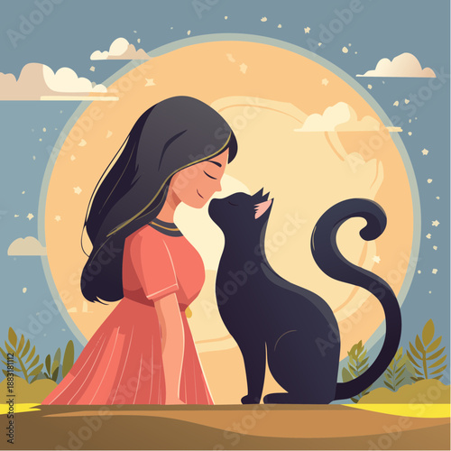 illustration minimaliste et colorée, d'un moment de tendresse entre une jeune fille et son chat noir
