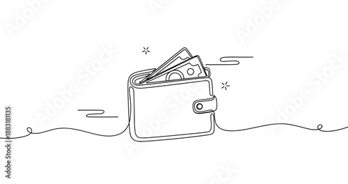 Line art illustration of wallet with cash icon on white background. No editable strokes