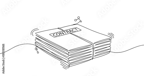 Stack of contracts with gavel and legal symbols in black and white illustration. No editable strokes