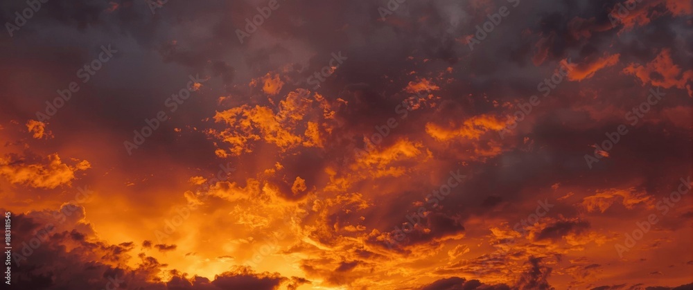 Fototapeta premium Panoramic view of autumn sunset with orange hues and stormy dark clouds as background or texture