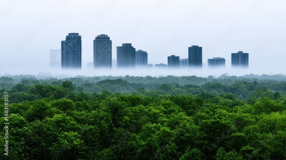 Fototapeta premium Cityscape with tall buildings and trees in the foreground.