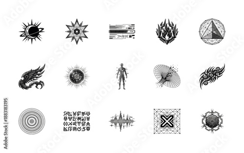 Intricate Monochrome Cyberpunk Tech Symbols Element Kit for Futuristic Interface and Motion Graphics Design
