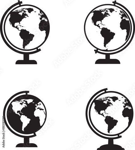 Four black and white globe silhouettes in different positions 