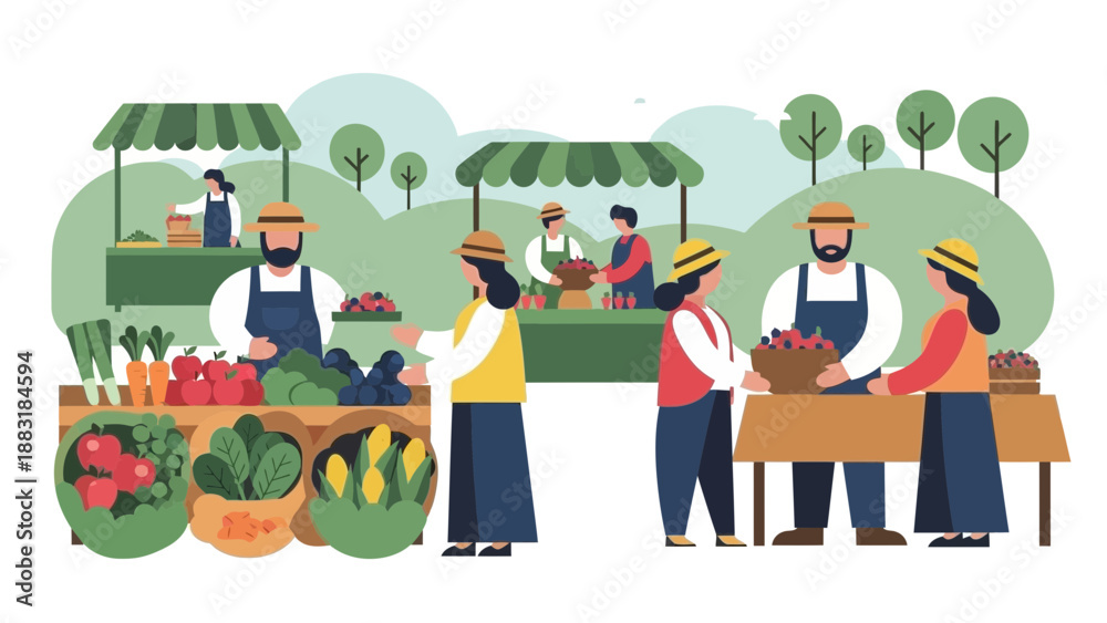 Fototapeta premium Vibrant Farmers Market Scene Showcasing Fresh Produce, Local Vendors, and Community Interaction