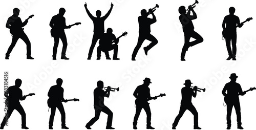 Dynamic silhouettes of diverse musicians performing live concert with guitars and trumpets, expressive poses showcasing energy, rhythm, passion, and artistic movement
