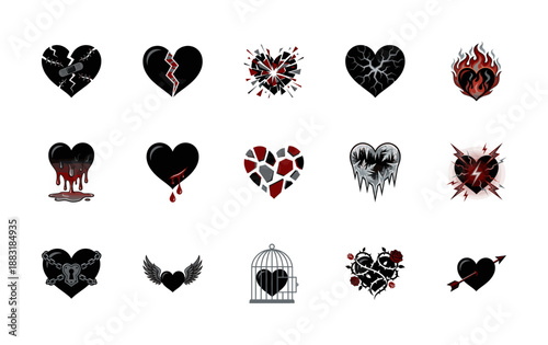 Dark Vector Broken Heart Graphic Element Kit for Alternative Fashion and Emotional Messaging