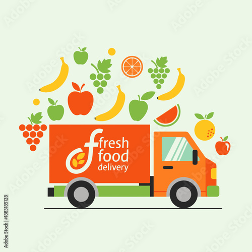 Vibrant Food Delivery Truck Illustration Showcasing Fresh Produce and Speedy Service
