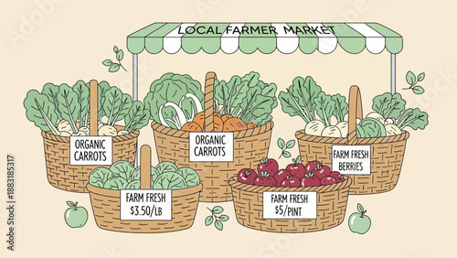 Vibrant Illustrated Farmer's Market Display Featuring Fresh Organic Produce And Baskets