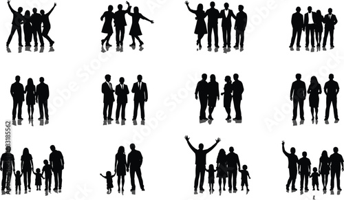 Silhouettes of diverse family and social groups in dynamic poses, adults and children together, reflecting unity, friendship, and community interaction