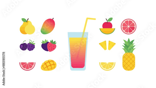 Vibrant Fruit Illustration Depicting Fresh, Healthy Drinks With Various Delicious Fruits