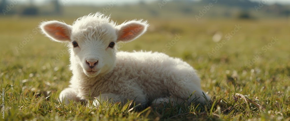 Obraz premium A charming furry white lamb lying peacefully on the grass on a sunny day