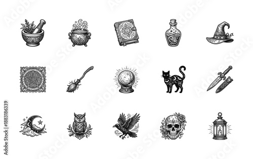 Vintage Woodcut Witchcraft and Occult Engravings Graphic Element Kit for Gothic Halloween Branding