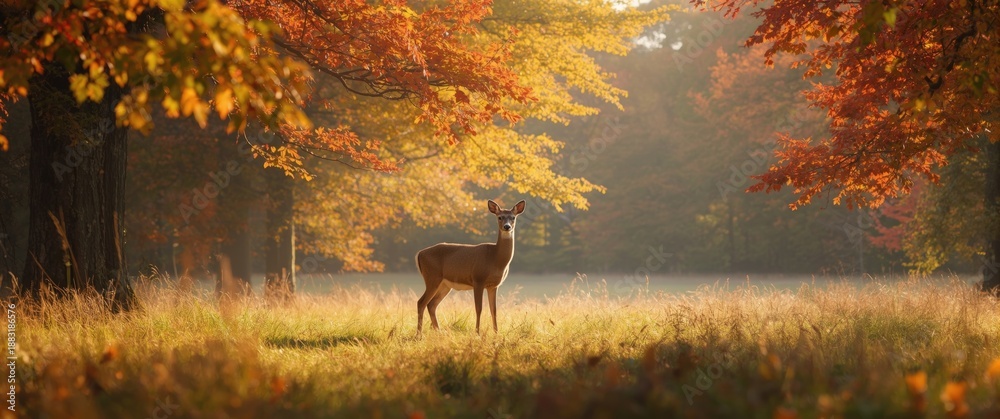 Fototapeta premium Beautiful autumn landscape featuring a deer in a colorful meadow with trees and forest, showcasing nature's beauty with green and orange leaves