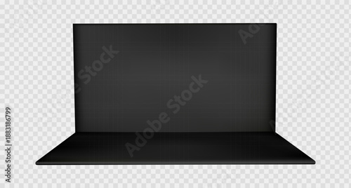 Black booth stand with 3d mockup wall and corner setup for tradeshow exhibition. Empty room area with backdrop display space and showroom interior panel. Isolated perspective render for expo event