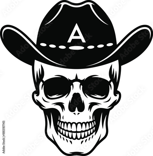 Cowboy skull wearing western hat, black and white vector illustration, vintage outlaw logo, Halloween design, tattoo style, isolated
