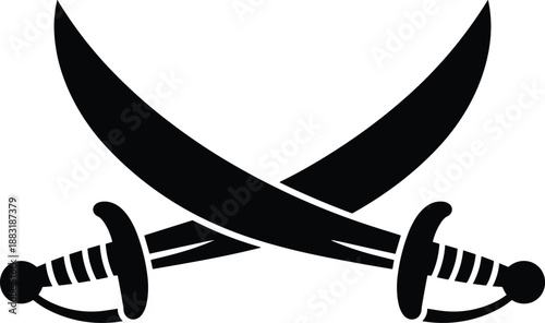 Crossed swords silhouette icon, pirate weapon symbol, black and white sabers vector illustration, isolated battle emblem design background