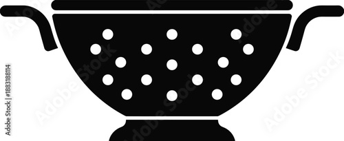 Kitchen colander silhouette icon, black strainer bowl with handles, cooking utensil vector illustration, isolated on white background.
