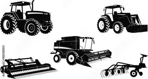 Farm machinery silhouette set, tractor harvester plow rake icons, agriculture equipment vector collection, isolated on white background.