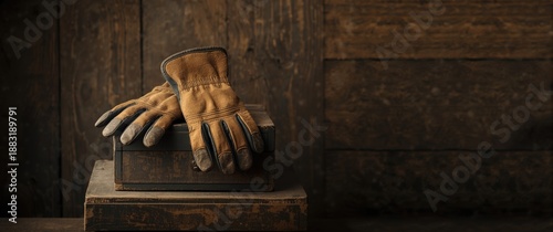 Wooden boxes with dirty work gloves in close-up