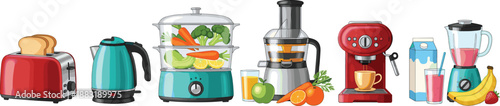 Colorful Kitchen Appliances and Fresh Ingredients Arranged for Breakfast Preparation Featuring Toaster, Juicer, Blender, Steamer, and Espresso Machine