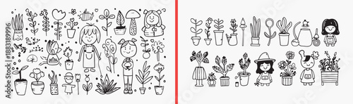 Houseplant Indoor Garden Doodle Collection Art, Hand Drawn Plant Pot Sketch Design Vector, Simple Botanical Element Clipart Bundle Art Set, Decorative Nature Graphics Bundle Stock Set Art, Natural Pla