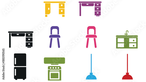A colorful collection of home furniture and appliance icons on a white background